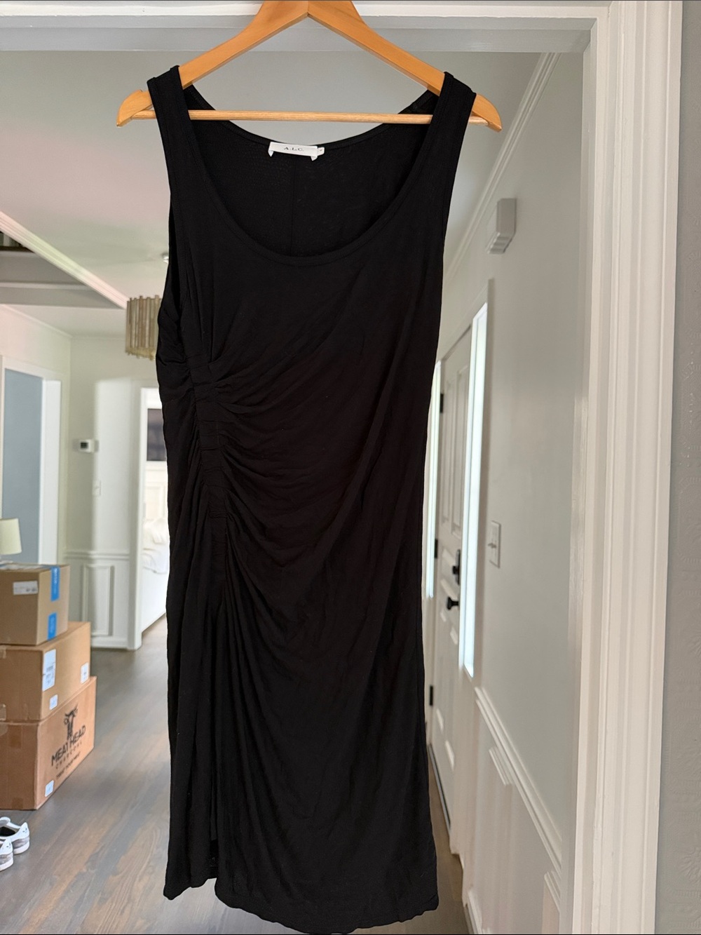 A.L.C. Black Ruched Scoop-Neck Midi Tank Dress